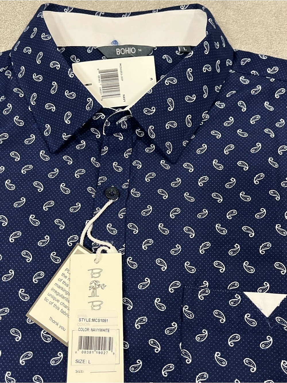 Bohio Breeze Men’s Short Sleeve Botton Down Shirt Paisley + Micro Dot Print NWT